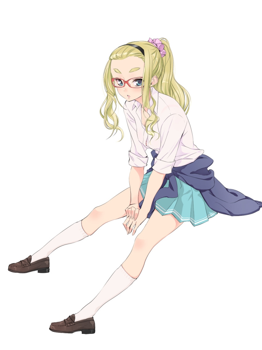 1girl :o blonde_hair blue_eyes clothes_around_waist dekoglasses dress_shirt eyebrows forehead glasses hair_ornament hair_scrunchie hairband highres kneehighs loafers looking_at_viewer original pleated_skirt ponytail red-framed_glasses sasetsu school_uniform scrunchie shirt shoes sidelocks sitting skirt sleeves_rolled_up solo sweater_around_waist thick_eyebrows v_arms white_legwear
