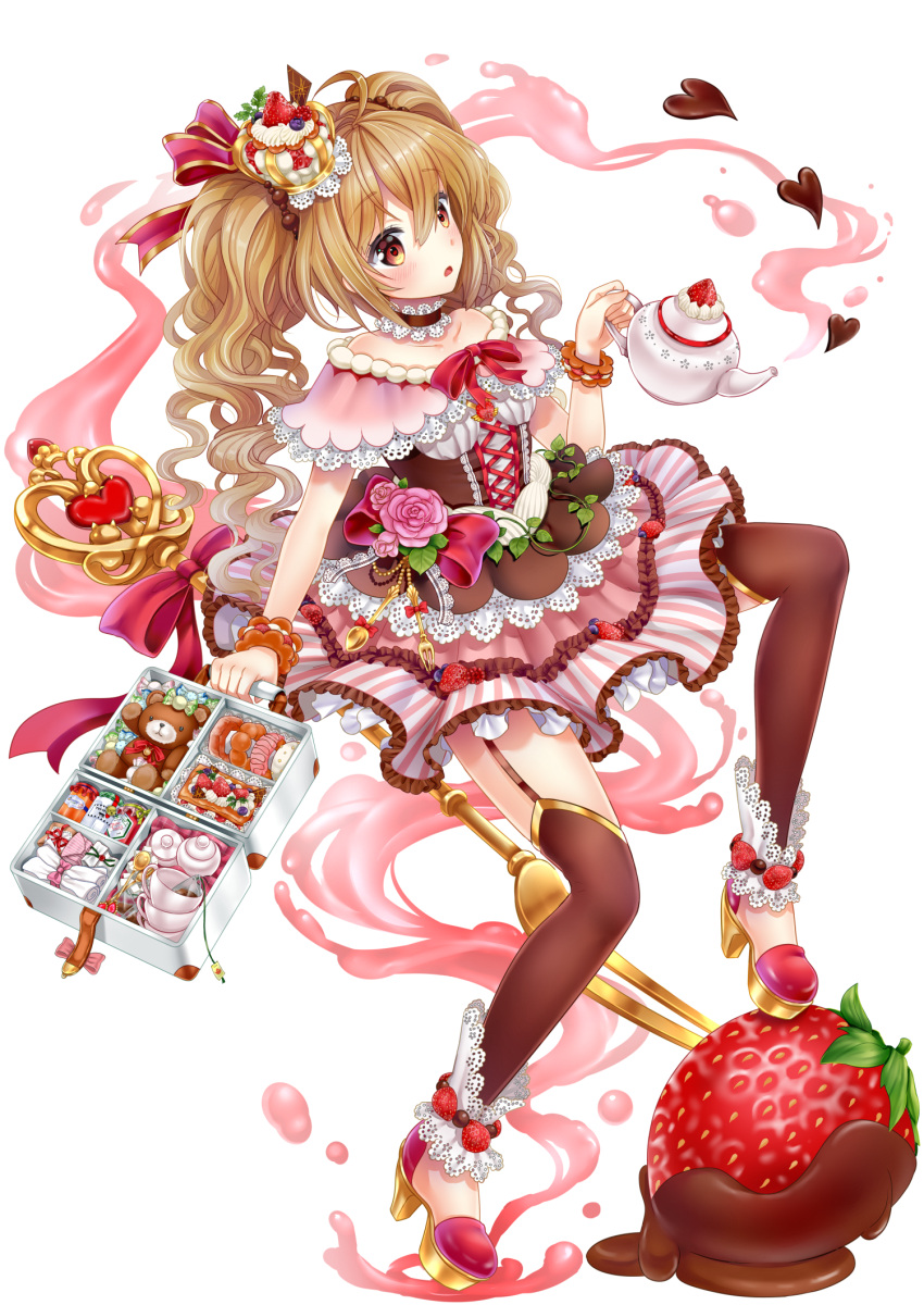 bag blueberry bow brown_eyes brown_hair brown_legwear candy chocolate chocolate_heart choker crown cup dessert doughnut flower food food_as_clothes food_themed_clothes food_themed_ornament fork frills fruit full_body handbag heart highres lolita_fashion long_hair looking_at_viewer moyon original pastry personification pink_bow pink_rose pink_skirt pocketland red_bow rose shoes skirt spoon strawberry stuffed_animal stuffed_toy sweet_lolita teacup teapot teddy_bear thigh-highs transparent_background twintails whipped_cream