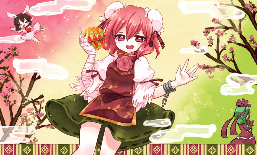 &gt;_&lt; 3girls :3 animal_ears bandaged_arm blush_stickers brown_hair bun_cover carrot_necklace chain closed_eyes clouds cuffs double_bun flower green_hair hair_ribbon highres ibaraki_kasen inaba_tewi kagiyama_hina manacles multiple_girls open_mouth orb outstretched_arms pink_eyes pink_hair pink_rose puffy_sleeves rabbit_ears ribbon rose s-s_(ss) skirt smile tabard touhou tree
