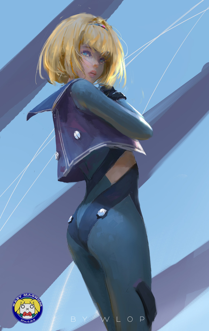 :o artist_name ass black_gloves blonde_hair blue_background blue_eyes from_behind gloves heavy_object highres looking_at_viewer looking_back milinda_brantini parted_lips purple_vest sailor_collar short_hair simple_background standing tiara vest wlop
