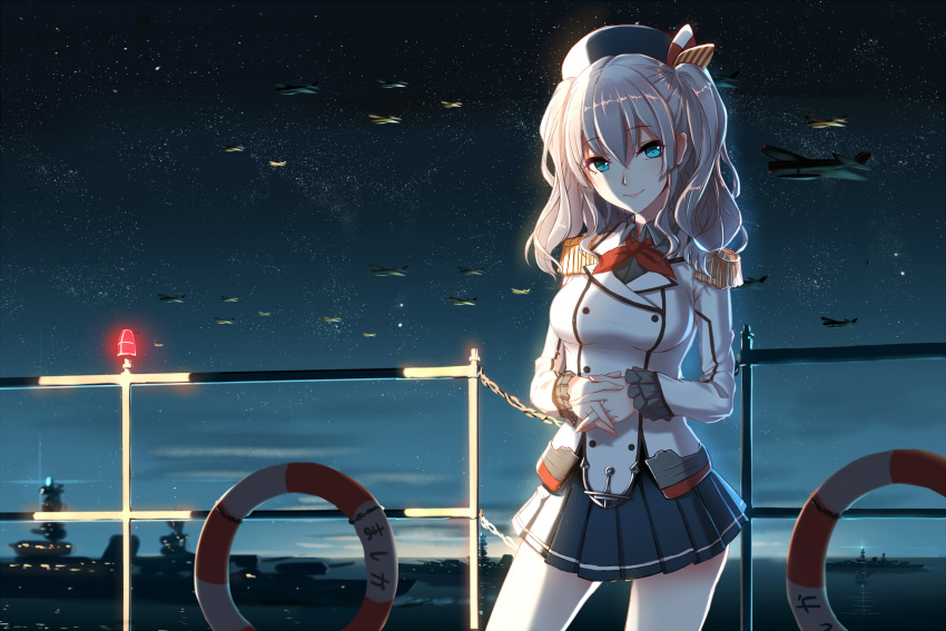 beret blue_eyes breasts buttons commentary_request epaulettes frilled_sleeves frills hands_together hat highres kantai_collection kashima_(kantai_collection) kerchief large_breasts lifebuoy looking_at_viewer military military_uniform miniskirt night phantania pleated_skirt ship sidelocks silver_hair skirt tsurime twintails uniform wavy_hair