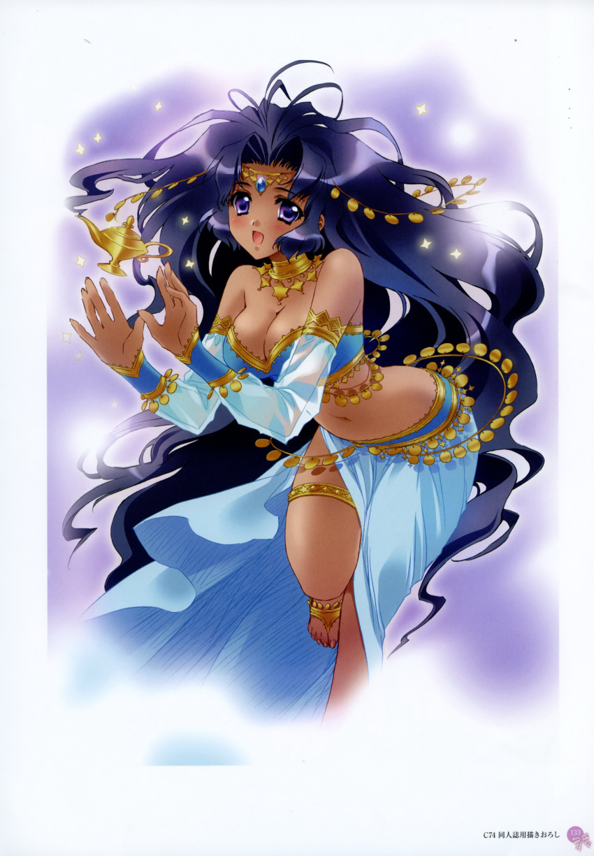 1girl absurdres arabian_clothes bare_shoulders blue_hair blush breasts carnelian cleavage collar dark_skin elbow_gloves gloves highres jewelry large_breasts long_hair midriff open_mouth sandals smile tiara very_long_hair violet_eyes
