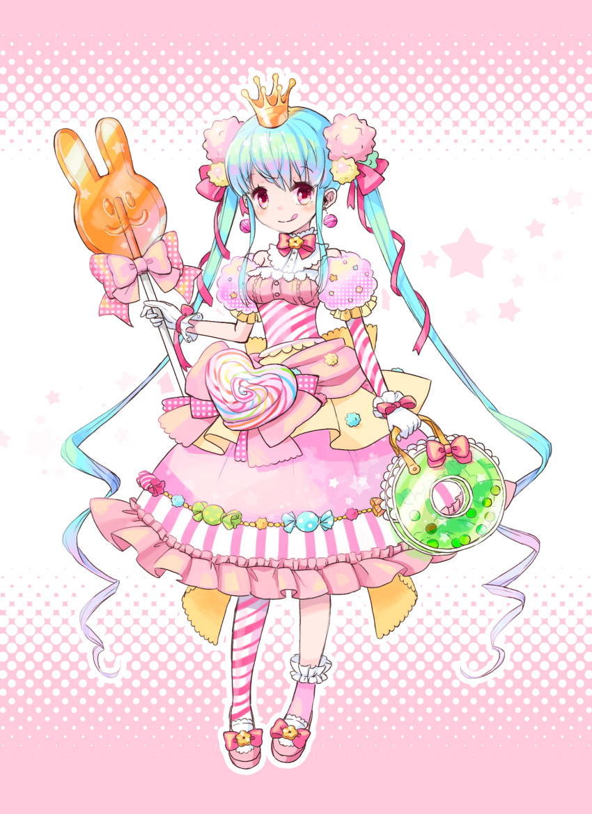 1girl :q aqua_hair asymmetrical_clothes bag bow candy candy_hair_ornament dress food_as_clothes food_themed_clothes food_themed_earrings food_themed_ornament frilled_dress frills full_body gloves hair_bow handbag highres konpeitou lollipop long_hair looking_at_viewer multicolored_hair nekomissile original pantyhose personification pink_bow pink_dress pink_hair pink_shoes pocketland red_eyes shoes sidelocks smile solo standing striped striped_legwear tongue tongue_out twintails two-tone_hair white_gloves
