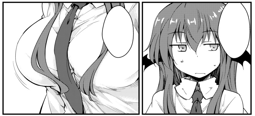 1girl :| bat_wings between_breasts blank_speech_bubble breasts chata_maru_(irori_sabou) collared_shirt demon_girl dress_shirt expressionless flat_gaze halftone head_out_of_frame head_wings koakuma large_breasts long_hair long_sleeves looking_away monochrome necktie necktie_between_breasts shirt sidelocks simple_background solo speech_bubble sweatdrop taut_clothes taut_shirt touhou upper_body white_background white_shirt wings