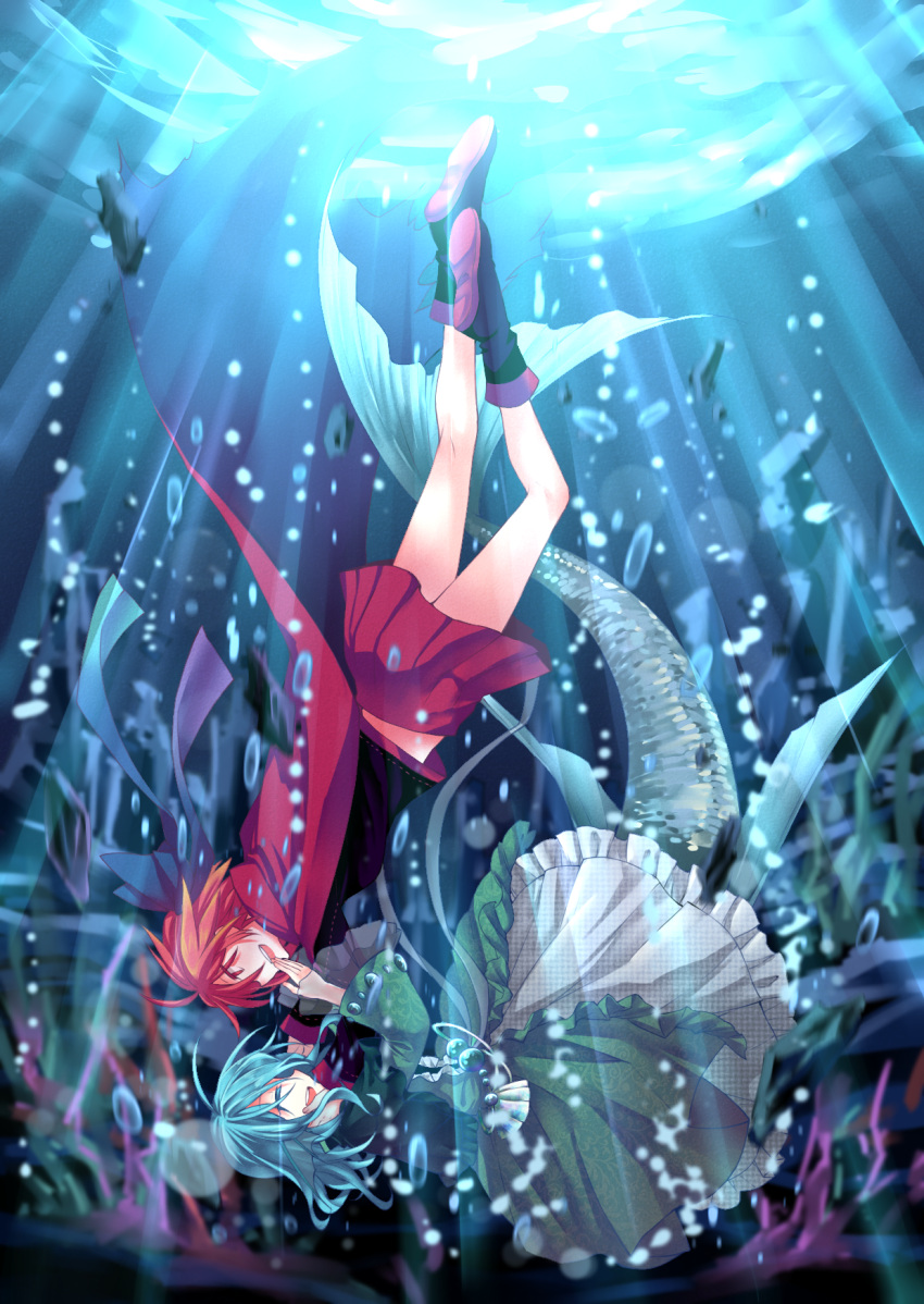 2girls algae alternate_hairstyle black_shirt boots bow bubble cape closed_eyes colored_eyelashes hair_bow hand_on_another's_face happy highres japanese_clothes kimono ko_kita legs light_rays light_reflection_(water) mermaid midriff monster_girl multiple_girls ocean_bottom open_mouth red_skirt redhead ribbon sekibanki shirt short_hair skirt small_breasts smile touhou underwater upside-down wakasagihime