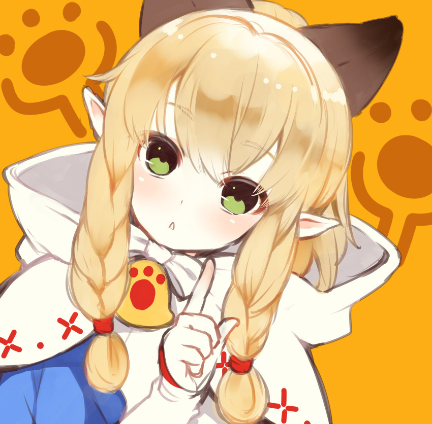 :o animal_ears blonde_hair blue_dress blush braid braiding_hair cat_ears character_request cloak close-up dress face green_eyes hair_bobbles hair_ornament hair_tie hairdressing highres honda_tamanosuke hood hooded_cloak index_finger_raised looking_at_viewer monster_hunter monster_hunter_x orange_background parted_lips paw_print pointing pointy_ears sidelocks simple_background twin_braids