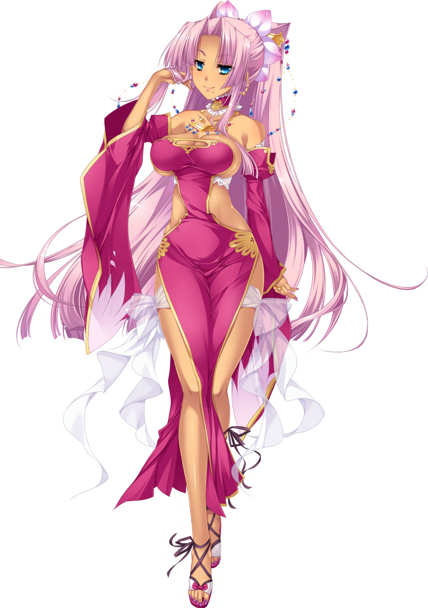 1girl absurdres bare_shoulders blue_eyes breasts cleavage cleavage_cutout dark_skin detached_sleeves dress full_body hair_ornament highres hikage_eiji jewelry koihime_musou long_hair looking_at_viewer necklace pelvic_curtain pink_hair ponytail revealing_clothes shoes side_slit smile solo sonsaku transparent_background very_long_hair