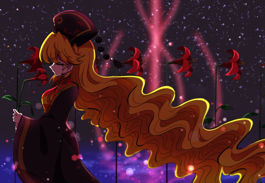 1girl absurdly_long_hair blonde_hair chinese_clothes closed_eyes crying dress flower hat holding holding_flower junko_(touhou) kyapinetzu long_hair ribbon sky smelling_flower solo star_(sky) starry_sky streaming_tears tabard tears touhou very_long_hair wide_sleeves