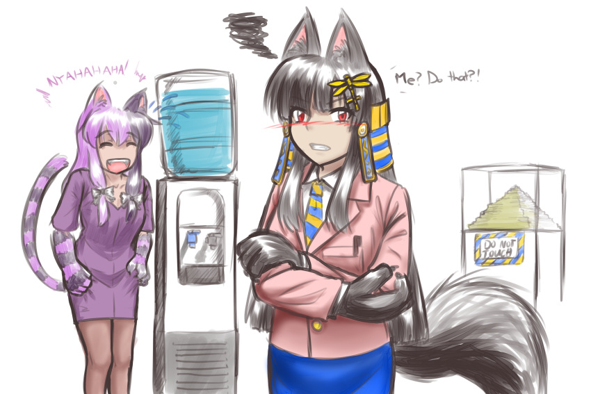 2girls :d alternate_costume animal_ears anubis_(monster_girl_encyclopedia) artist_request black_hair blush cat_ears cat_tail cheshire_cat_(monster_girl_encyclopedia) closed_eyes crossed_arms embarrassed english fur hair_ornament highres hime_cut laughing long_hair looking_at_viewer monster_girl monster_girl_encyclopedia multicolored_hair multiple_girls necktie office_lady open_mouth paws purple_hair red_eyes simple_background smile squiggle striped_tail tail two-tone_hair very_long_hair water_cooler white_background