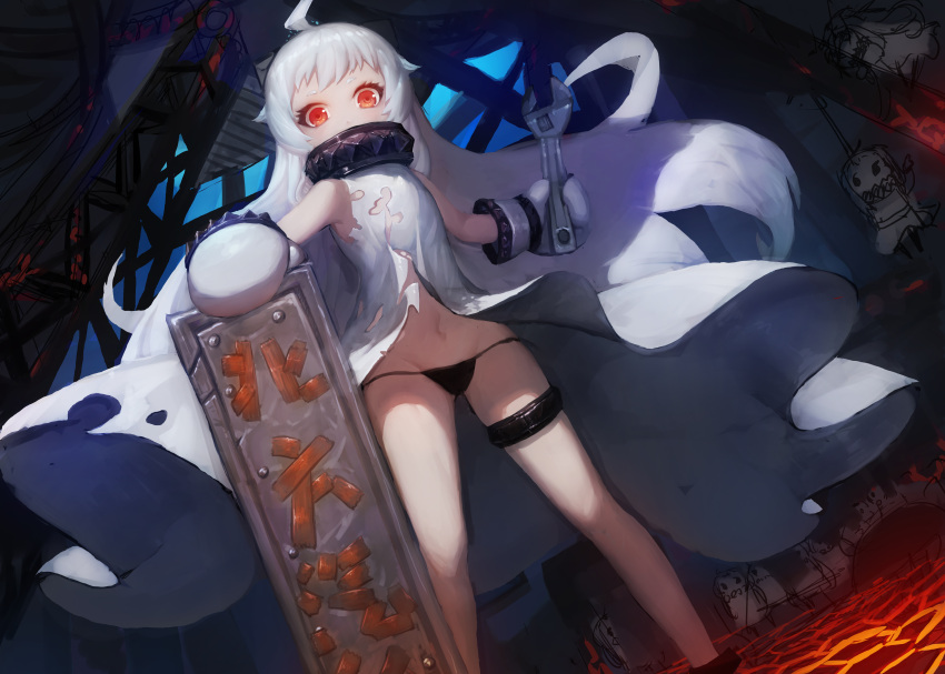 1girl absurdres ahoge black_panties dress gods_(1073337800) highres holding horns kantai_collection long_hair looking_at_viewer mittens navel northern_ocean_hime orange_eyes pale_skin panties shinkaisei-kan side-tie_panties solo torn_clothes translation_request underwear white_dress white_hair wrench