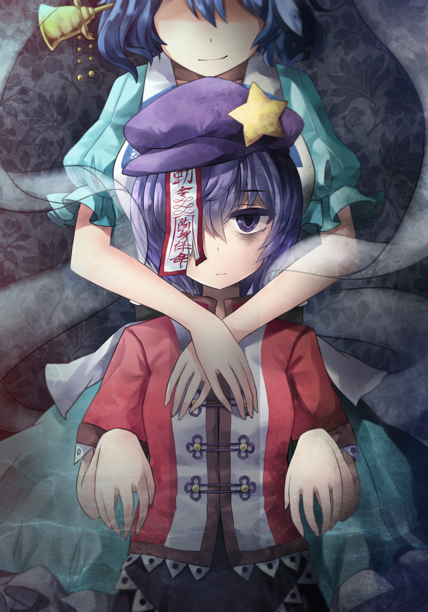 2girls arms_around_neck bangs beret blouse blue_hair expressionless floral_print foreshortening fuente hair_between_eyes hair_ornament hair_stick hat highres jitome kaku_seiga looking_at_viewer miyako_yoshika multiple_girls no_eyes ofuda outstretched_arms puffy_short_sleeves puffy_sleeves purple_hair shaded_face shawl short_hair short_sleeves smirk solo_focus star touhou upper_body violet_eyes zombie_pose
