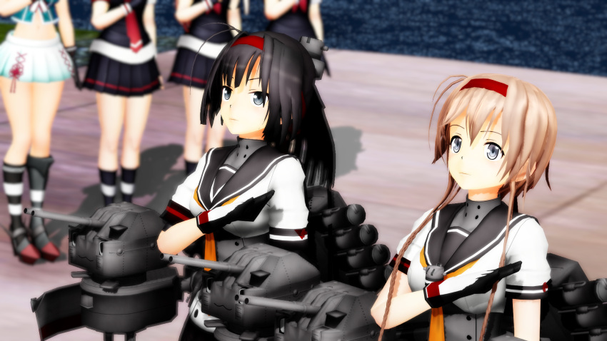 6+girls akizuki_(kantai_collection) black_skirt chou-10cm-hou-chan chou-10cm-hou-chan_(teruzuki's) highres kantai_collection maya_(kantai_collection) mikumikudance miniskirt multiple_girls school_uniform shigure_(kantai_collection) shiratsuyu_(kantai_collection) skirt teruzuki_(kantai_collection) yuudachi_(kantai_collection)