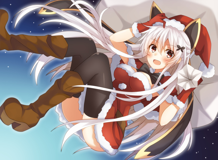 1girl :d absurdres black_legwear blush boots capelet christmas gloves hair_ornament hat highres kuzuyu long_hair looking_at_viewer open_mouth original red_eyes red_gloves sack santa_costume santa_hat silver_hair smile solo thigh-highs