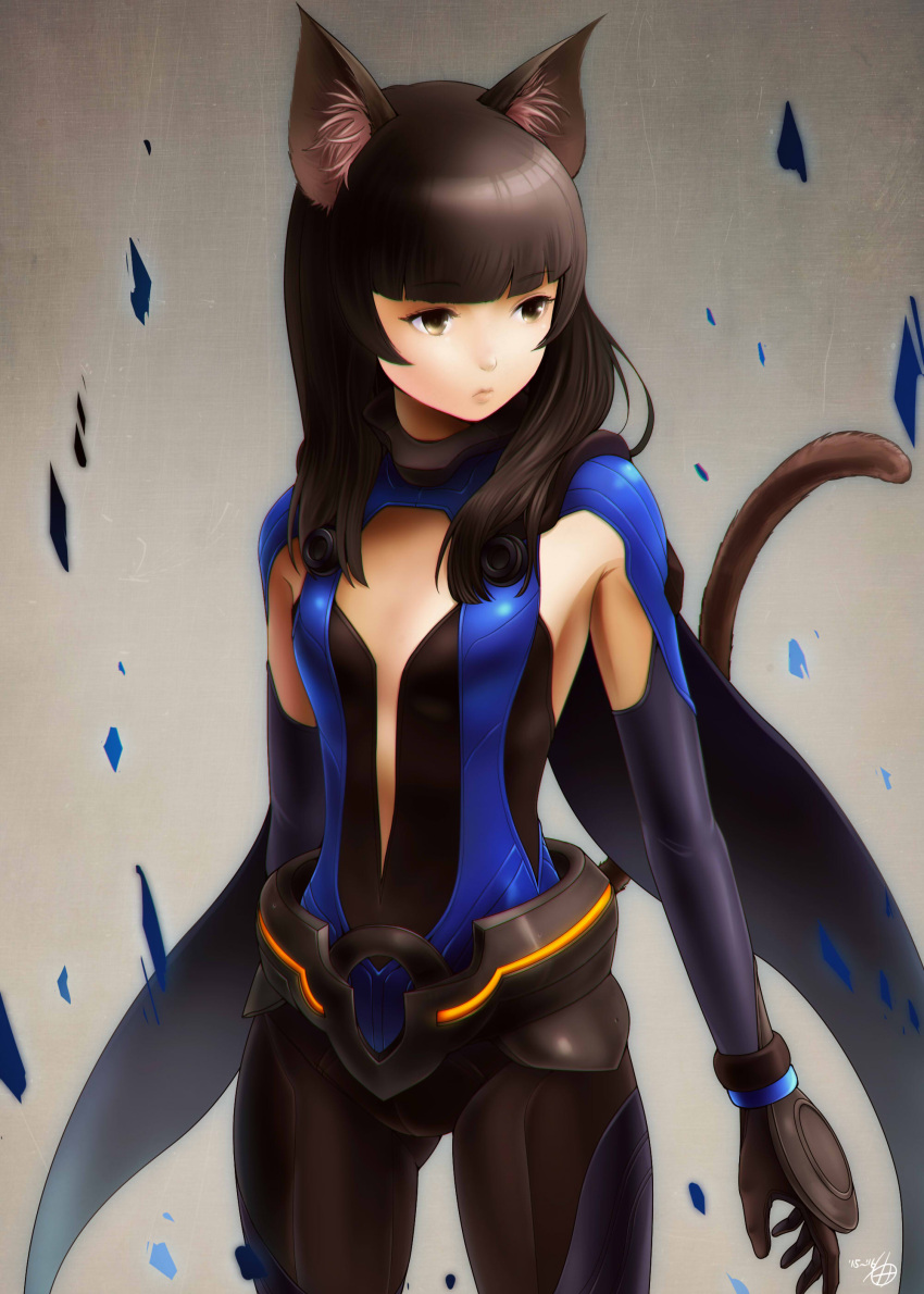 1girl absurdres amaguchi_chiyoko animal_ears armpit_cutout arms_at_sides ass_visible_through_thighs bangs belt black_gloves black_hair blunt_bangs bodysuit brown_eyes cape cat_ears cat_tail center_opening closed_mouth cowboy_shot eyebrows eyebrows_visible_through_hair gloves highres kemonomimi_mode long_hair looking_away origami_koori school_girl_strikers shards signature small_breasts solo tail