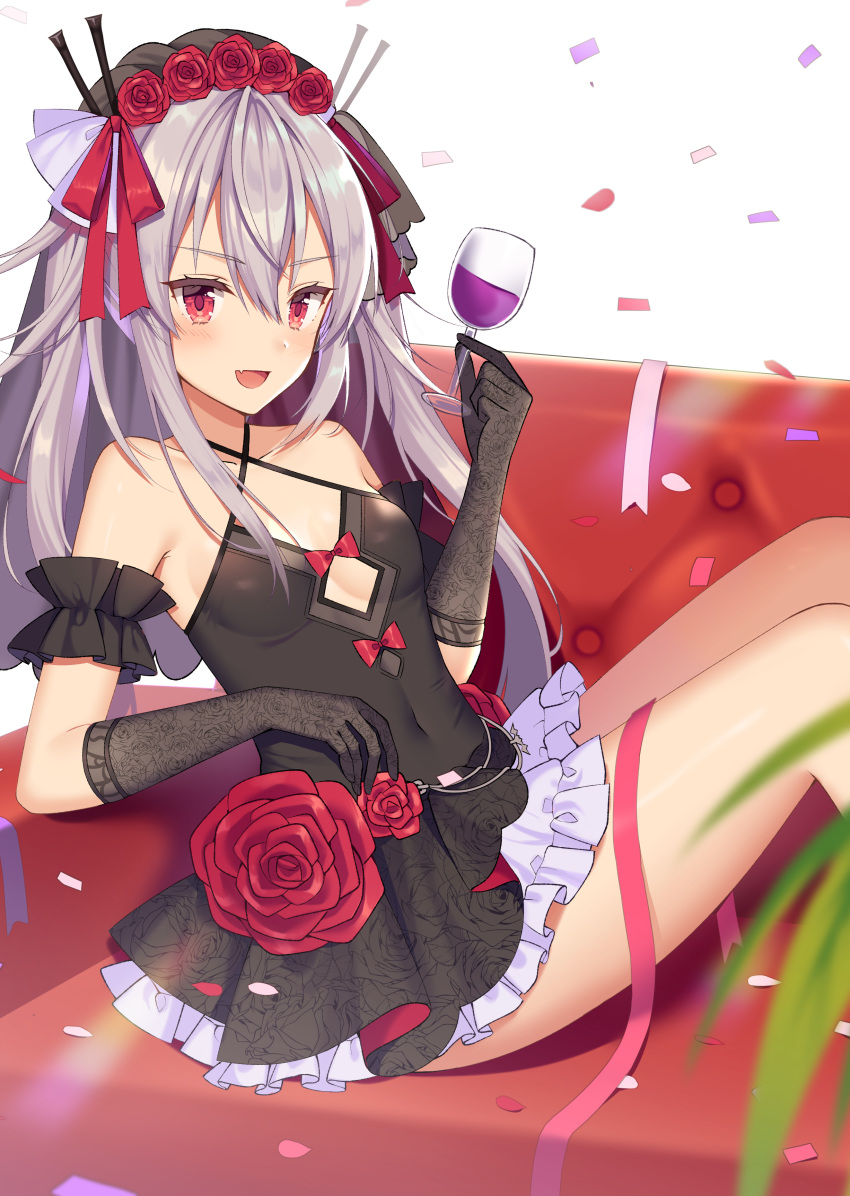 1girl :d absurdres alcohol azur_lane bangs black_dress black_gloves blurry blurry_foreground blush bow breasts commentary_request couch criss-cross_halter cup depth_of_field dress drinking_glass elbow_gloves eyebrows_visible_through_hair fang flower gloves hair_between_eyes hair_ribbon halterneck head_flag highres holding holding_cup izumo_neru lace lace_gloves long_hair looking_at_viewer on_couch open_mouth petals red_bow red_eyes red_flower red_ribbon red_rose ribbon rose silver_hair sitting small_breasts smile solo vampire_(azur_lane) veil very_long_hair white_background wine wine_glass