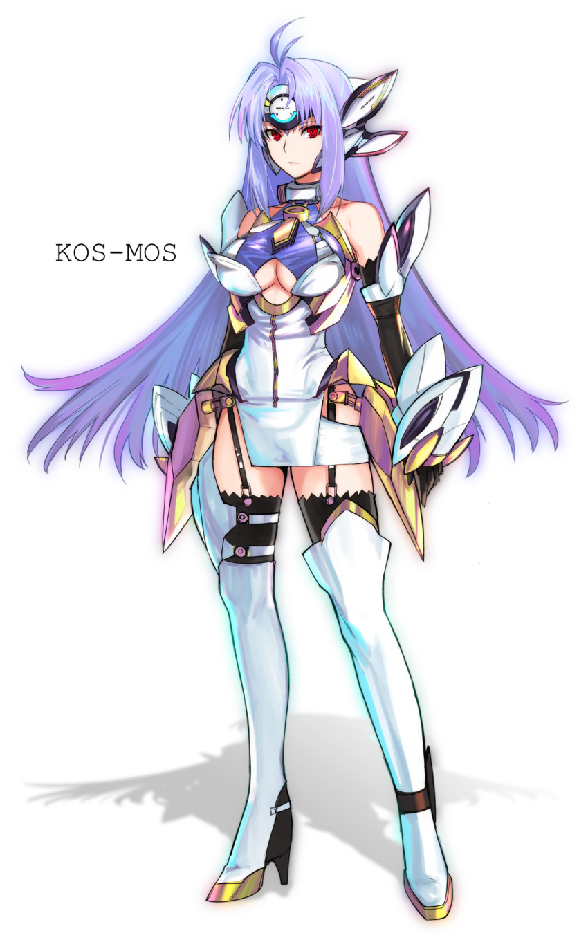 1girl ahoge android bare_shoulders black_gloves black_legwear blue_hair boots breasts cleavage cleavage_cutout elbow_gloves garter_straps gloves headgear highres kos-mos large_breasts long_hair looking_at_viewer red_eyes solo tetsu_(kimuchi) thigh-highs thigh_boots very_long_hair xenosaga