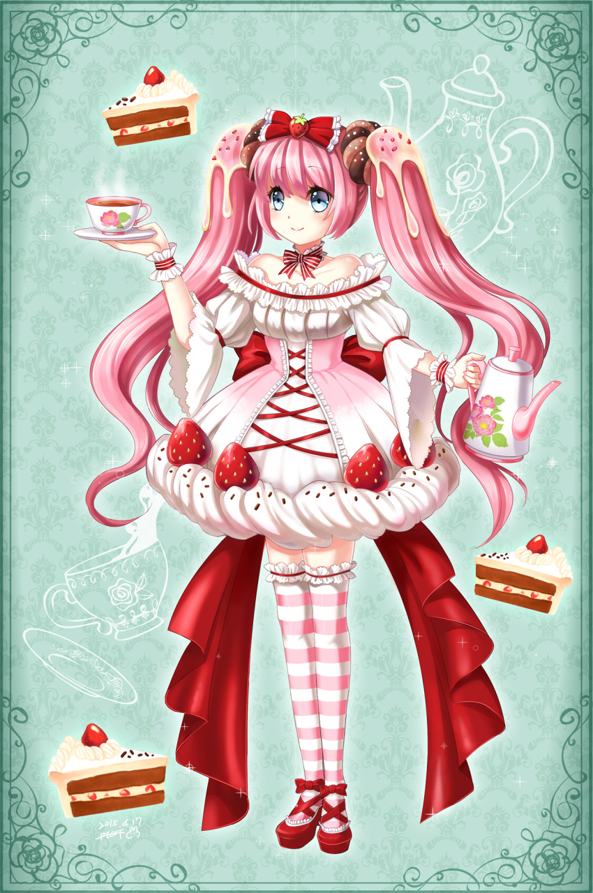 1girl bare_shoulders blue_eyes bow cake choker collarbone cup darkblue1112 doughnut_hair_ornament dress food food_as_clothes food_themed_clothes food_themed_ornament frills fruit full_body green_background hair_bow hair_ornament highres icing long_hair looking_away original personification pink_hair plate pocketland red_bow red_shoes shoes smile solo standing strapless_dress strawberry strawberry_hair_ornament striped striped_bow striped_legwear tea teacup teapot thigh-highs twintails wrist_cuffs