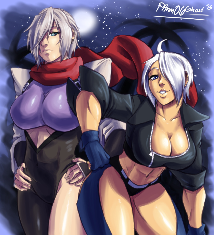 2girls abs ahoge angel_(kof) asymmetrical_clothes blue_eyes bodysuit breasts chaps cleavage commentary covered_navel creator_connection crossover earrings eyebrows fingerless_gloves gloves hand_on_hip hands_on_hips hattori_hanzo_uruka highres jewelry joe_shimamura large_breasts leaning_forward midriff multiple_girls night night_sky ninja panties scarf short_hair shoulder_pads silver_hair single_pantsleg skin_tight sky the_king_of_fighters thighs underwear yatagarasu_(game)