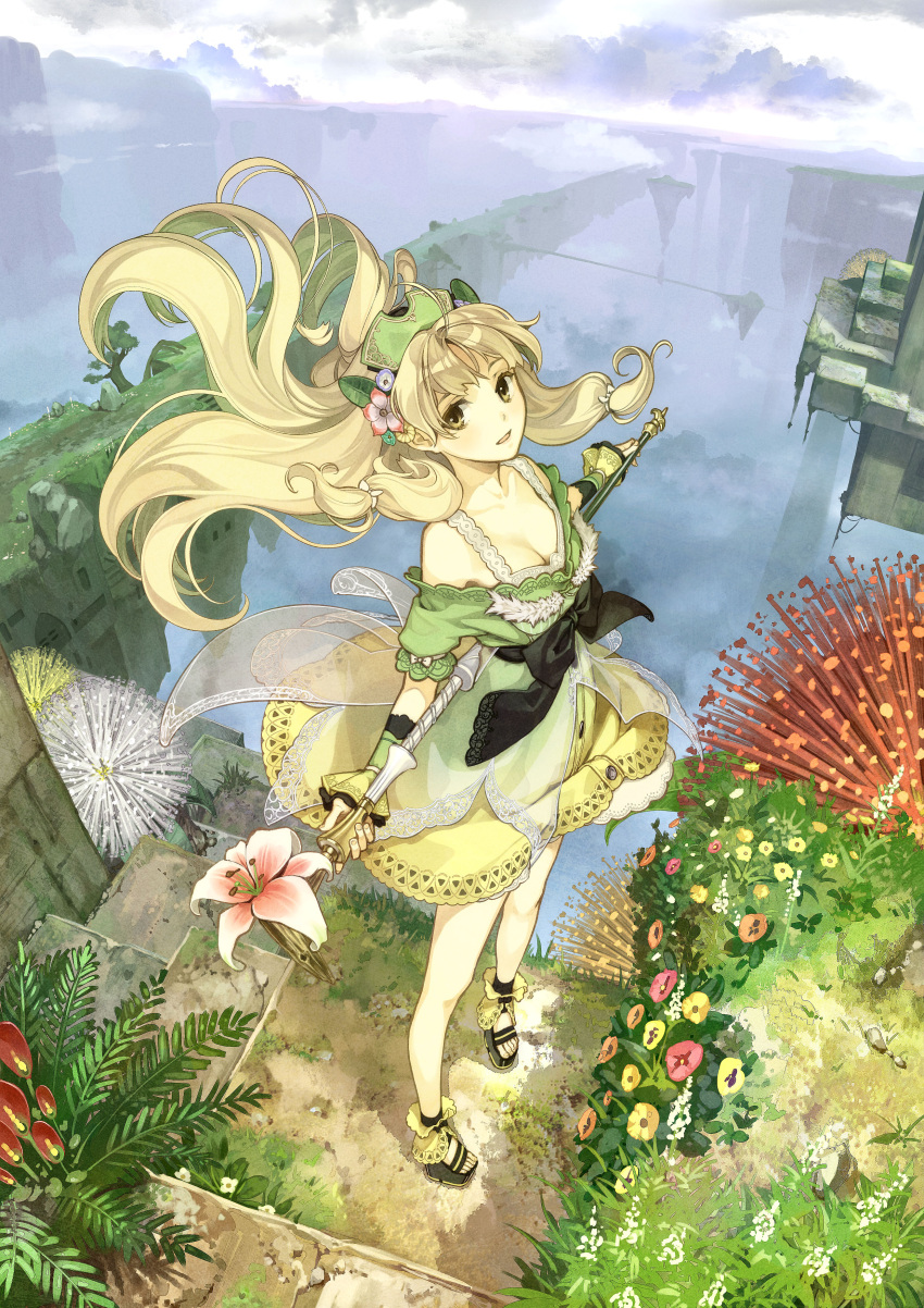 1girl absurdres ahoge atelier_(series) atelier_ayesha ayesha_altugle brown_eyes brown_hair clouds fantasy flower frills from_above green_skirt hair_flower hair_ornament hair_ribbon hat hidari_(left_side) highres lace lace-trimmed_dress lace-trimmed_sleeves lace-trimmed_thighhighs lily_(flower) long_hair moss official_art platform_footwear ribbon ruins skirt staff thigh-highs wind wrist_cuffs