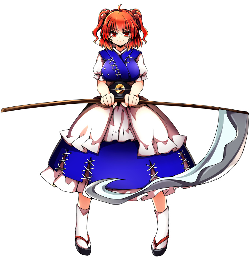 1girl absurdres baba_(baba_seimaijo) breasts coin dress full_body hair_bobbles hair_ornament harukawa_moe_(style) highres japanese_clothes kimono large_breasts looking_at_viewer obi onozuka_komachi parody puffy_sleeves red_eyes redhead sandals sash scythe short_sleeves smile socks solo style_parody touhou transparent_background tsurime twintails two_side_up white_legwear