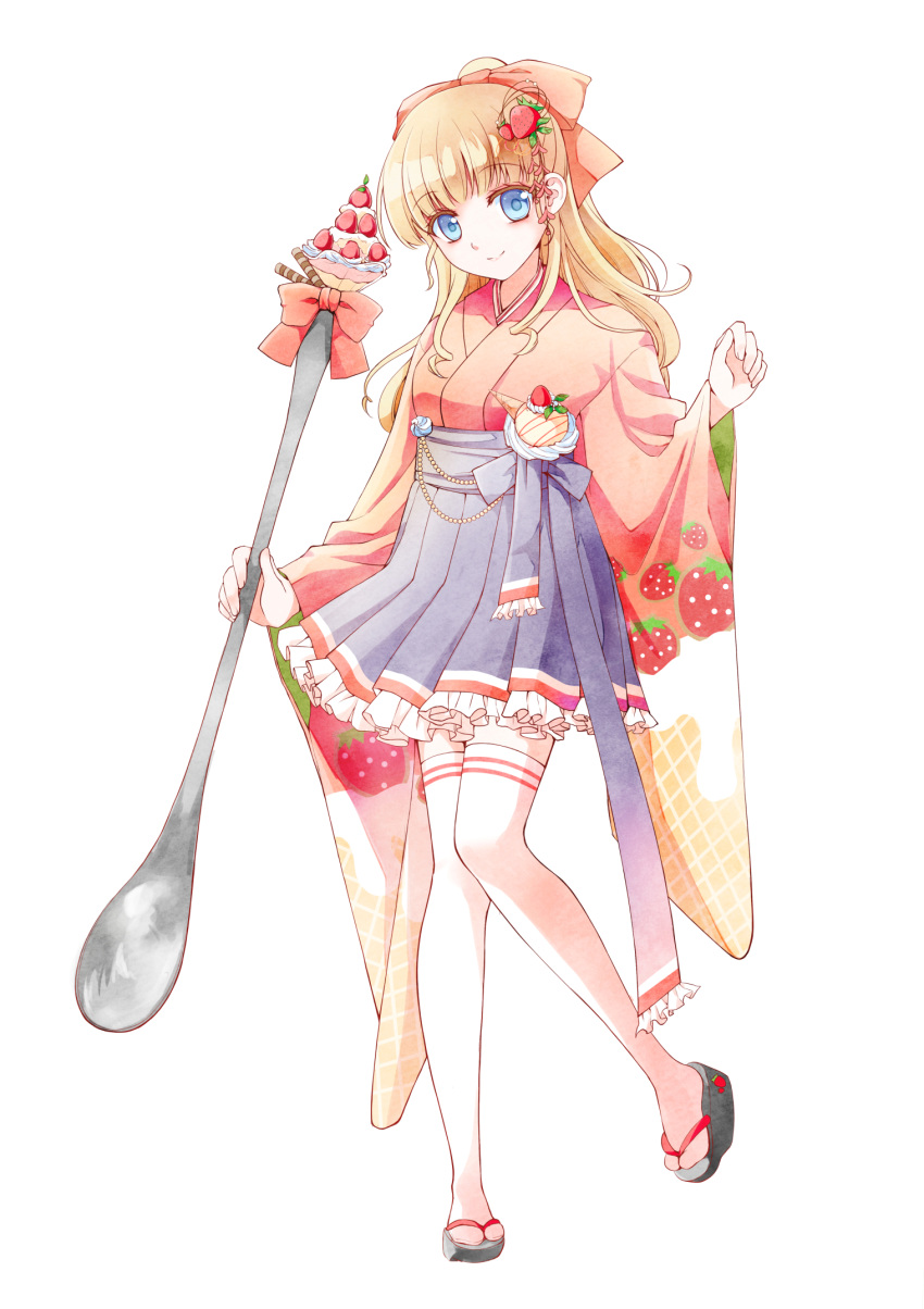 1girl blonde_hair blue_bow blue_eyes blue_skirt bow food food_as_clothes food_themed_clothes food_themed_ornament frilled_skirt frills fruit full_body hair_bow hair_ornament half_updo highres japanese_clothes kona_(shuu_cream) long_hair looking_at_viewer original oversized_object personification pink_bow pleated_skirt pocketland sandals skirt solo spoon standing strawberry strawberry_hair_ornament strawberry_parfait strawberry_print thigh-highs white_background white_legwear