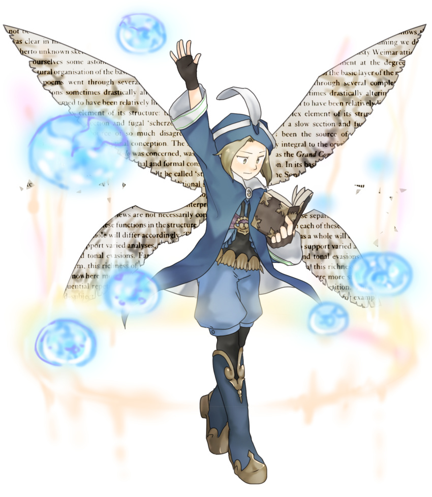 1boy arm_up blue_mage book boots brown_eyes brown_hair butterfly_wings final_fantasy full_body grimoire hat highres holding holding_book kangda-nim long_sleeves mage open_book original puffy_pants reading robe short_sword simple_background solo standing sword text water weapon white_background wings