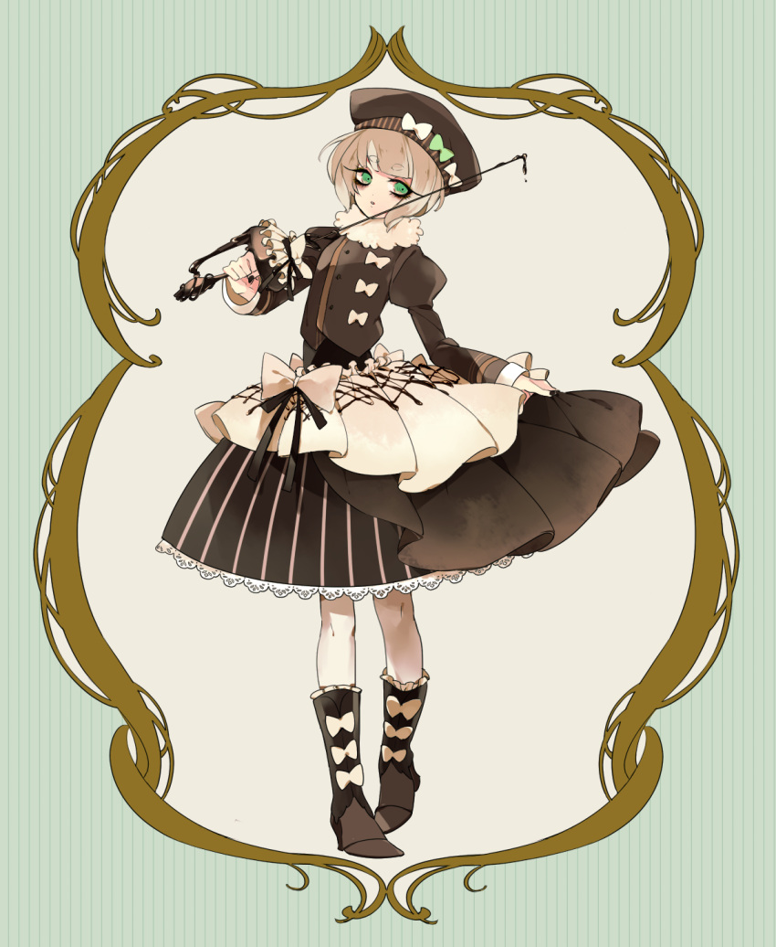 1girl black_nails boots bow brown_boots brown_dress brown_hair brown_hat brown_shirt chocolate_syrup dress expressionless food_themed_clothes frills full_body green_bow green_eyes hat hat_bow highres hot_chocolate juliet_sleeves layered_dress long_sleeves looking_at_viewer nail_polish original personification pocketland puffy_sleeves rapier shirt short_hair solo standing sword weapon white_bow yuungai_yuzuko