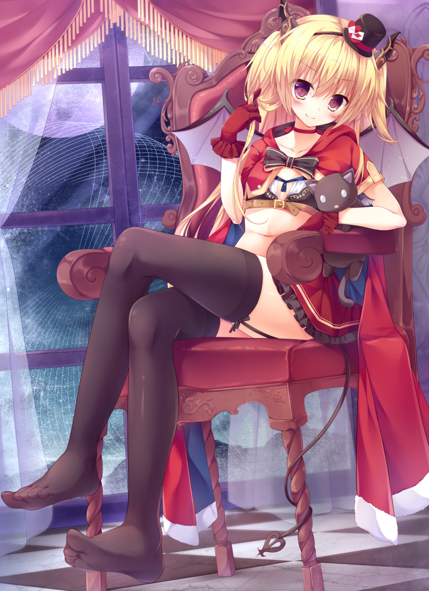 1girl bangs bat_wings black_legwear blonde_hair blush cape cedama chair checkered checkered_floor collarbone curtains demon_tail fang full_moon garter_straps gloves hat highres horns indoors long_hair looking_at_viewer mini_hat moon navel original red_eyes red_gloves smile solo tail thigh-highs vampire window wings