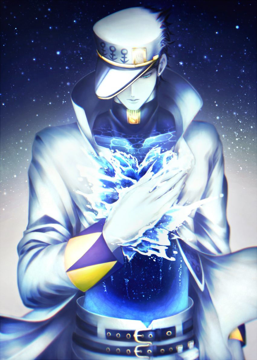 1boy absurdres air_bubble alo_(m-o-k-e-k-e) arm_at_side belt black_hair blue blue_eyes closed_mouth gradient hand_on_own_chest hand_print hat hat_over_one_eye highres jojo_no_kimyou_na_bouken kuujou_joutarou long_coat long_sleeves looking_down male_focus one_eye_covered pale_skin pants solo star_(sky) torn_clothes torn_hat turtleneck upper_body water water_print waves white_coat white_hat white_pants