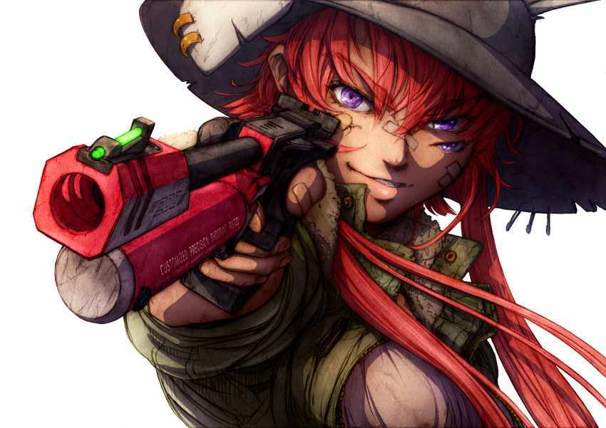 1girl animal_ears bandaid bandaid_on_face borrowed_character extra_eyes face gun handgun hat imizu_(nitro_unknown) jacket long_hair looking_at_viewer md5_mismatch open_clothes open_jacket original rabbit_ears redhead shirt smirk solo upper_body violet_eyes weapon