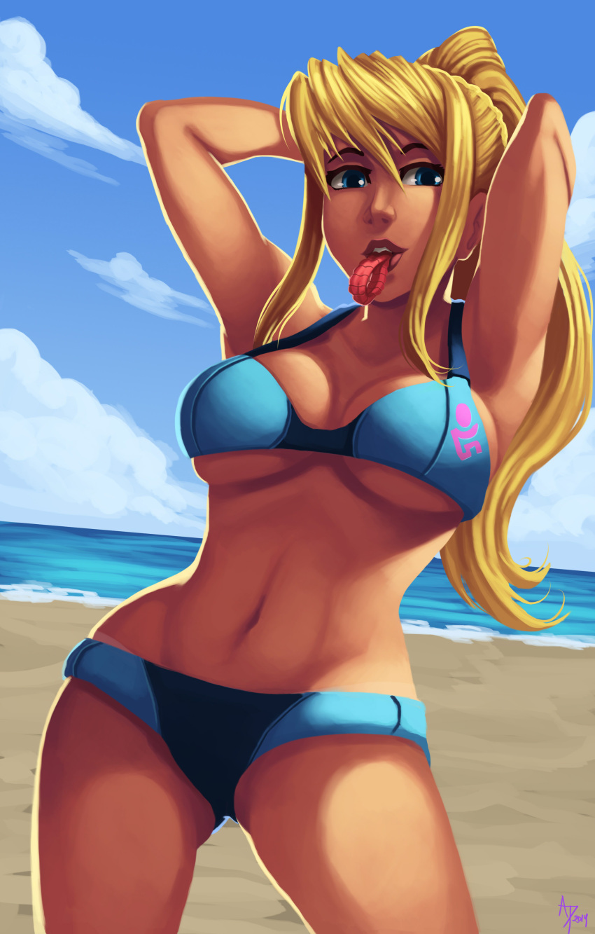 1girl absurdres adapted_costume andre_parcesepe armpits arms_behind_head beach bikini blonde_hair blue_bikini blue_eyes blue_sky breasts cleavage contrapposto cowboy_shot highres large_breasts lips long_hair metroid mouth_hold navel no_lineart nose ocean ponytail revision samus_aran sidelocks sky solo swimsuit under_boob zero_suit