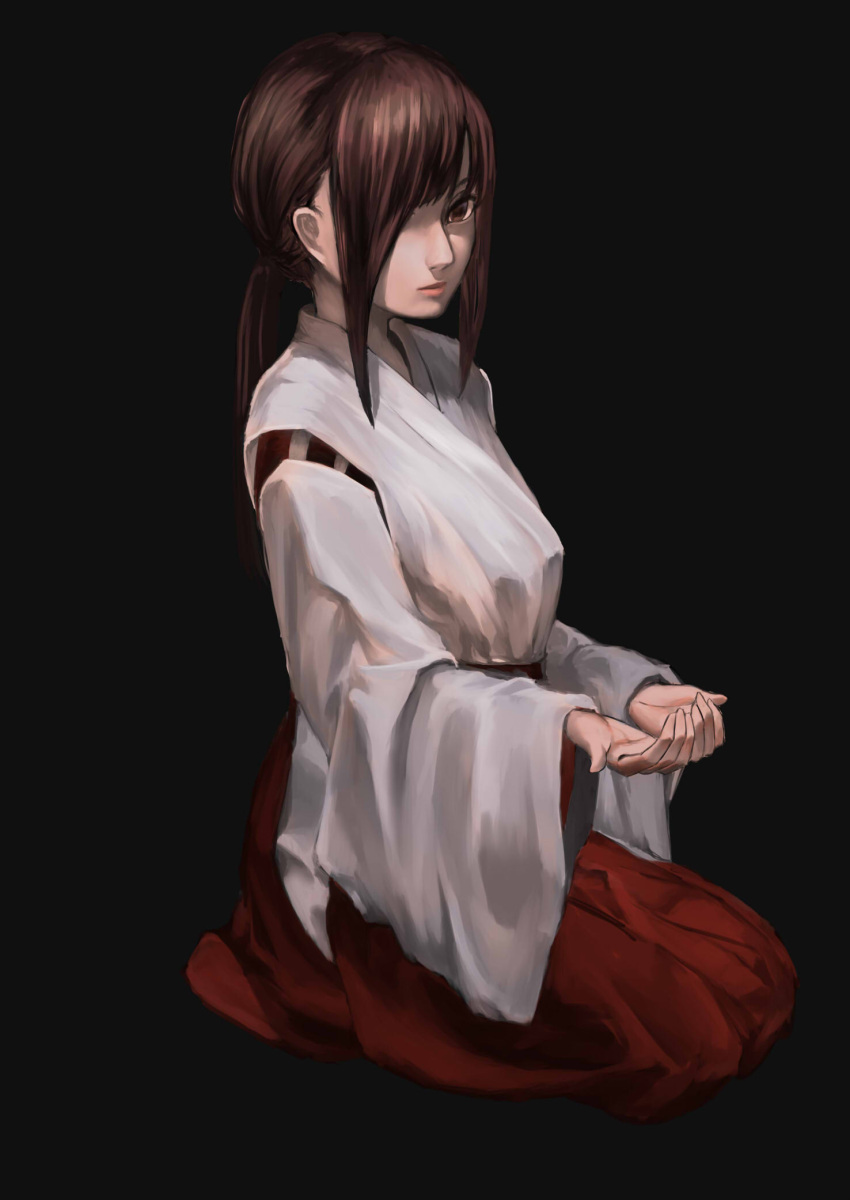 1girl brown_eyes brown_hair hair_over_one_eye highres japanese_clothes lips miko original outstretched_arms ponytail seiza shou_xun_bu_liang sitting solo