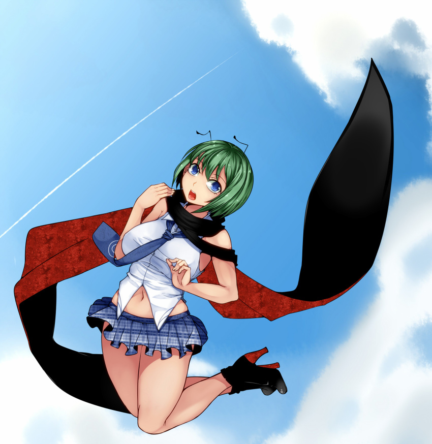 1girl adapted_costume antennae aoshima bare_arms blue_eyes blue_sky clouds commentary_request green_hair high_heels highres looking_at_viewer miniskirt navel necktie open_mouth scarf shirt short_hair skirt sky sleeveless sleeveless_shirt solo touhou wriggle_nightbug