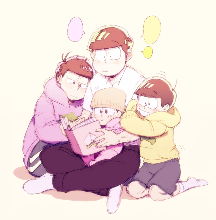 4boys :3 age_difference baby beanie blush brothers brown_eyes brown_hair child glasses hat highres holding_arm hood hoodie indian_style jitome leaning_on_person looking_down male_focus matsuno_choromatsu matsuno_ichimatsu matsuno_juushimatsu matsuno_todomatsu multiple_boys nyaph osomatsu-kun osomatsu-san pants reading seiza shorts siblings sitting sleeves_past_wrists smile socks track_pants younger