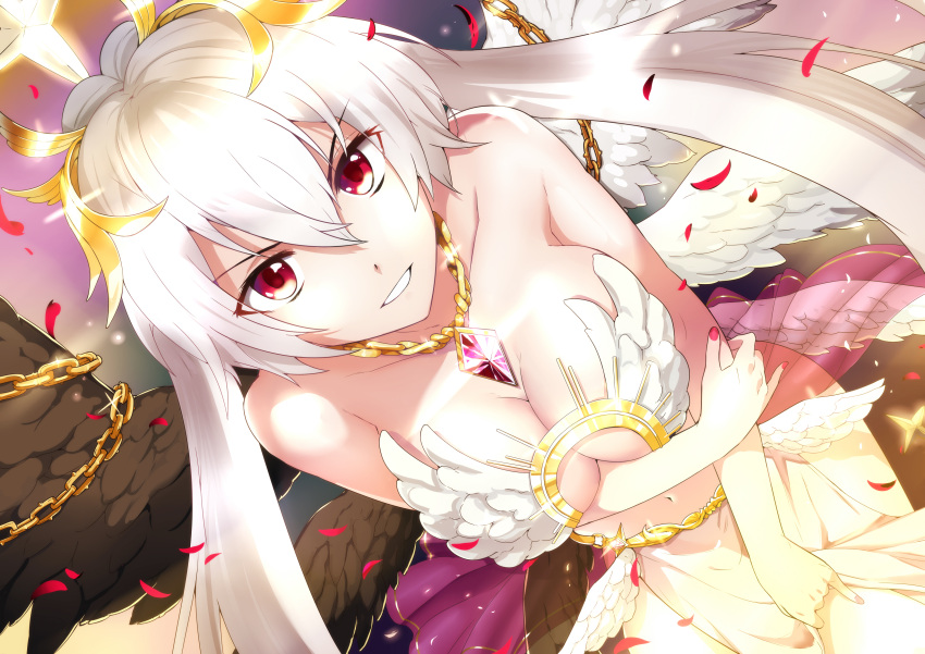 1girl absurdres angel_wings bare_shoulders black_wings breast_hold breasts chain cleavage cleavage_cutout collarbone hair_between_eyes hair_ornament highres jewelry large_breasts legs legs_together long_hair looking_at_viewer mazjojo metatron_(soccer_spirits) multicolored_wings multiple_wings nail_polish navel necklace parted_lips petals red_eyes red_nails seraph silver_hair smile soccer_spirits solo thighs under_boob white_hair white_wings wings