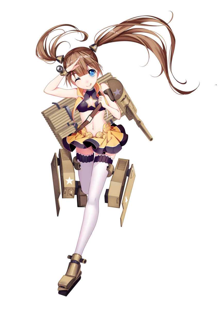1girl armlet bison_cangshu blue_eyes cannon cleavage_cutout full_body highres metal_waltz official_art one_eye_closed panzer_waltz salute skirt thigh-highs tongue tongue_out twintails white_legwear yellow_skirt