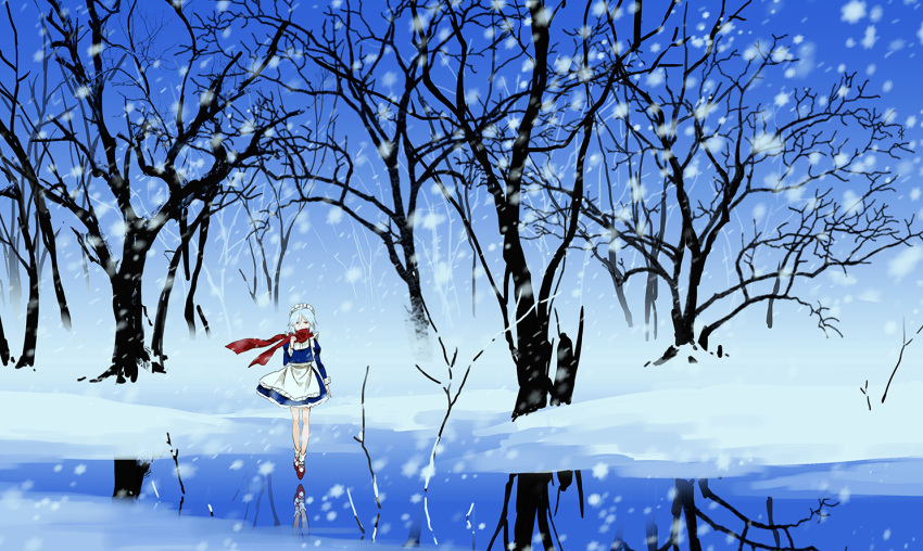 1girl adapted_costume apron blue_dress blue_sky dress forest izayoi_sakuya juliet_sleeves long_sleeves maid maid_headdress nature puffy_sleeves reflection scarf seeker silver_hair sky snowing solo touhou tree waist_apron