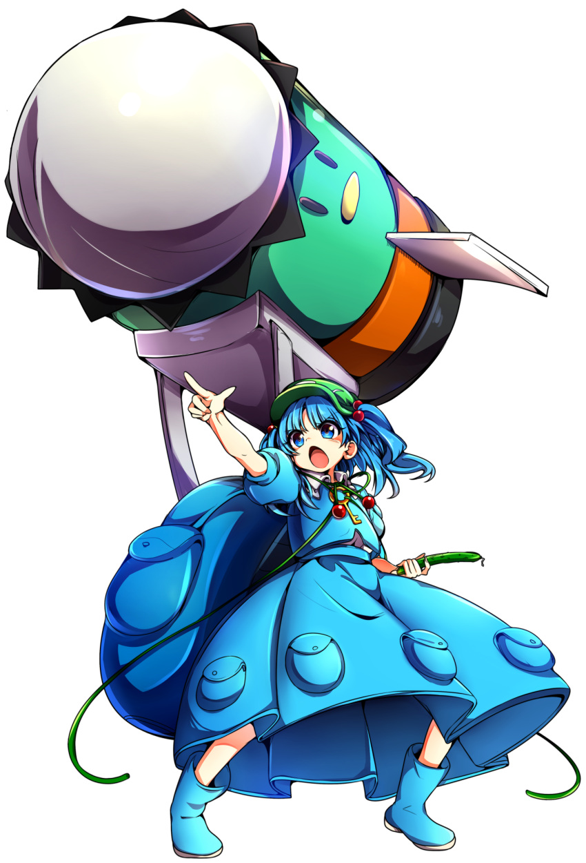 &gt;:o 1girl :o baba_(baba_seimaijo) backpack bag blue_eyes blue_hair boots cabbie_hat cucumber d:&lt; hair_bobbles hair_ornament hat highres huge_weapon kappa kawashiro_nitori key missile open_mouth pocket pointing pose pouches rubber_boots shouting skirt skirt_set solo touhou two_side_up vest weapon