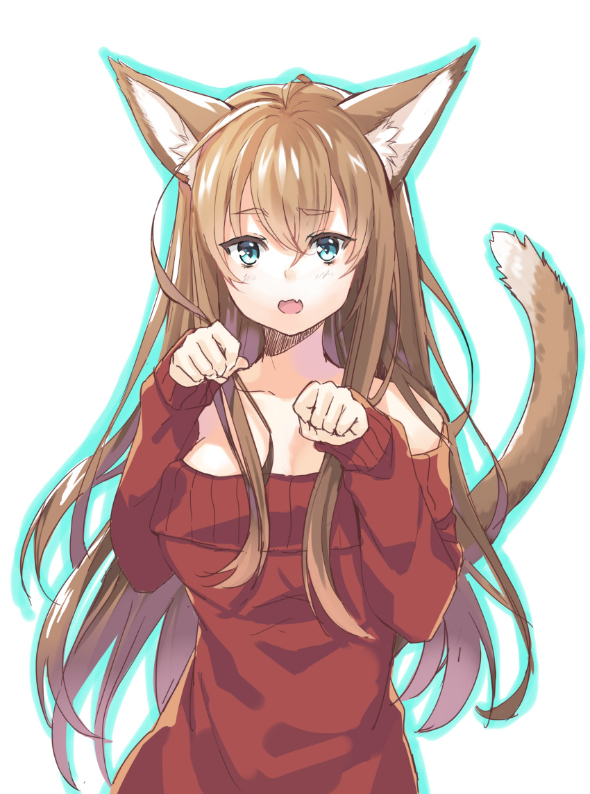 1girl absurdres animal_ears bare_shoulders blush breasts brown_hair cat_ears cat_tail eyebrows eyebrows_visible_through_hair fang final_fantasy final_fantasy_xiv highres kurasawa_moko long_hair long_sleeves looking_at_viewer miqo'te off_shoulder open_mouth paw_pose sketch solo sweater tail upper_body white_background