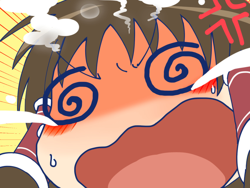1girl @_@ anger_vein blush brown_hair commentary_request crying emphasis_lines face full-face_blush hair_tubes hakurei_reimu highres okahi open_mouth simple_background solo steam sweatdrop tears touhou wavy_mouth yellow_background