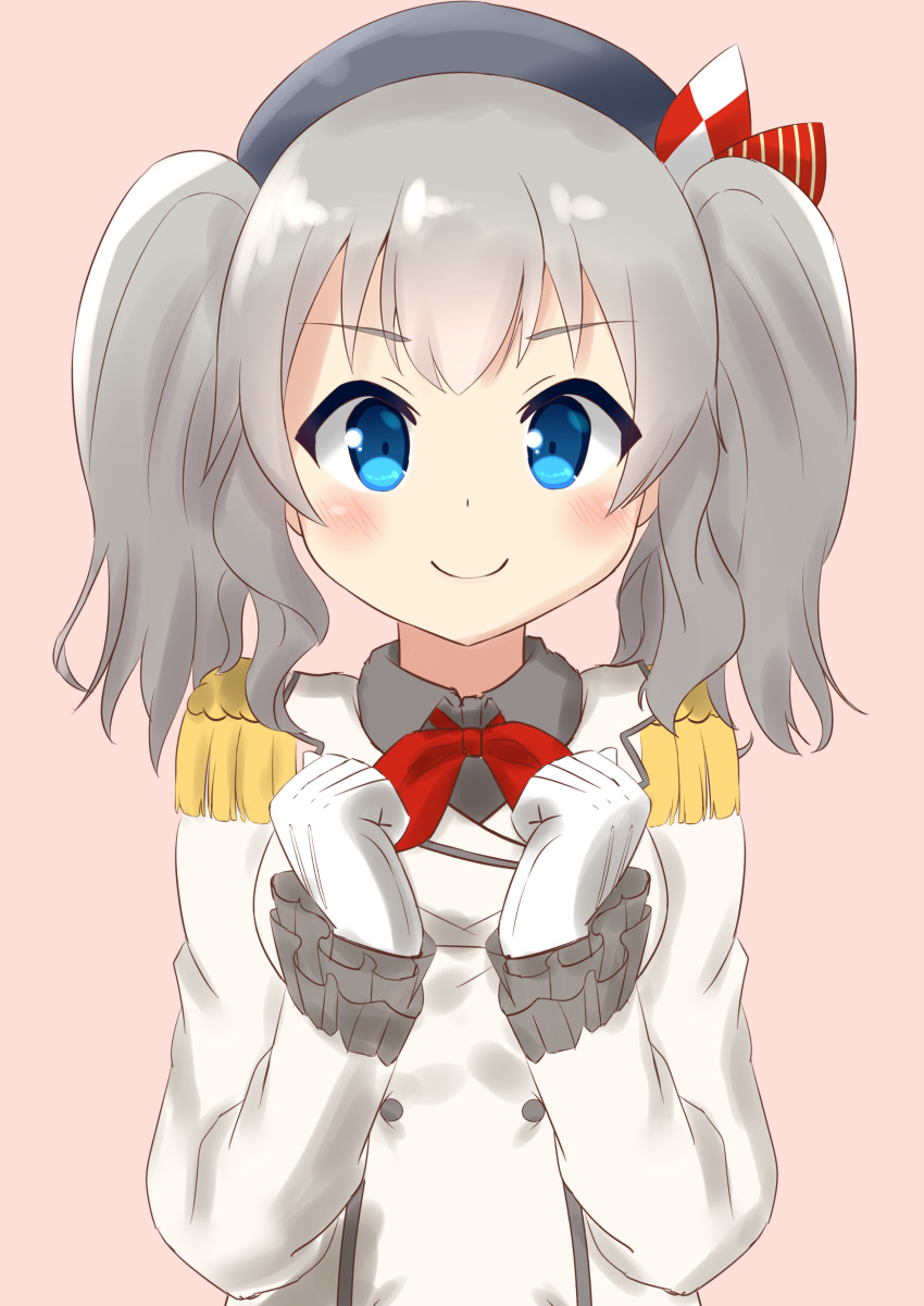 1girl absurdres blue_eyes blush highres kantai_collection kashima_(kantai_collection) looking_at_viewer negishio silver_hair simple_background smile solo twintails