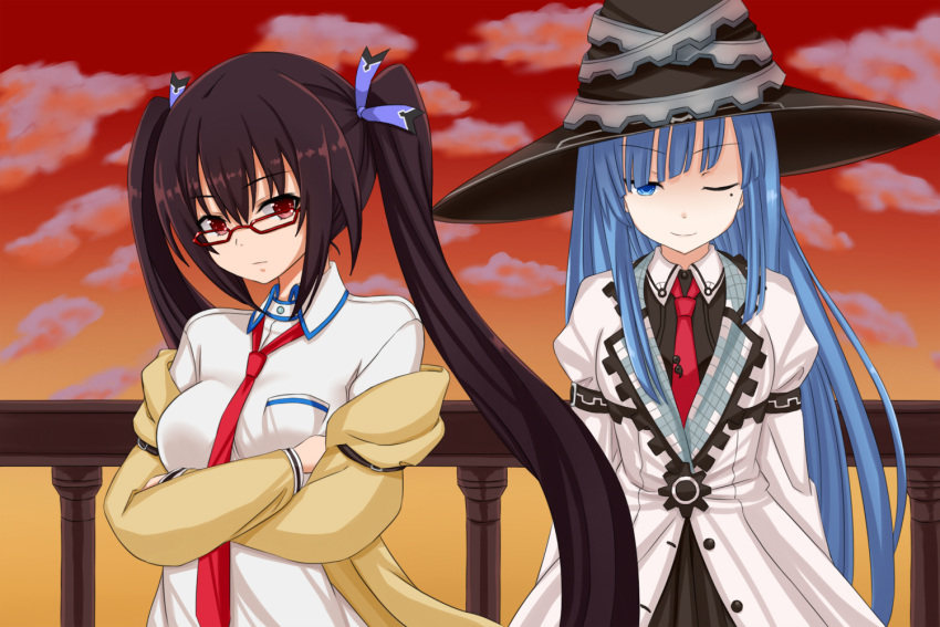 black_hair blue_eyes blue_hair blush breasts glasses hair_ornament hat jacket long_hair mages. mole mole_under_eye necktie neptune_(series) noire one_eye_closed red_eyes smile sunset torone_(emerada121) twintails