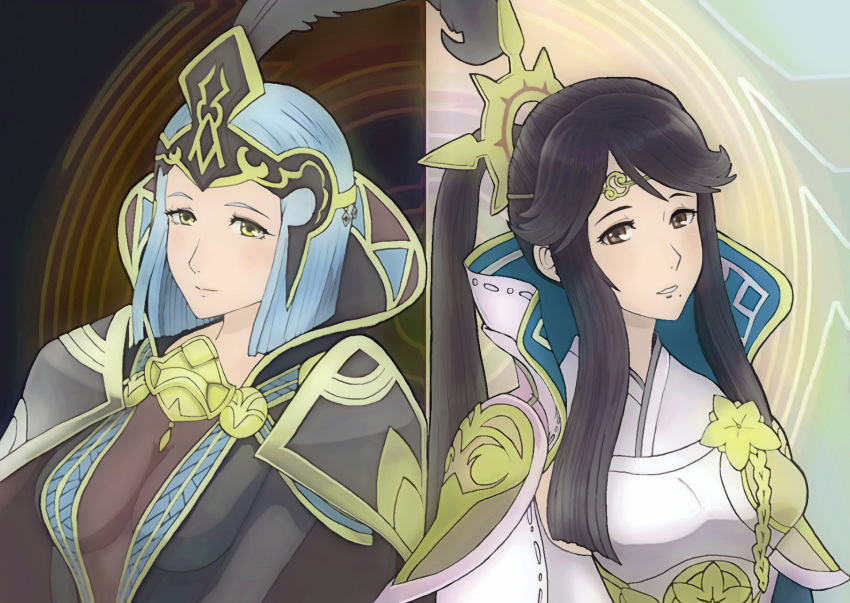 2girls black_hair blue_hair brown_eyes cape feathers fire_emblem fire_emblem_if highres long_hair mikoto_(fire_emblem_if) mole multiple_girls ponytail shenmei_(fire_emblem_if) siblings sisters yellow_eyes