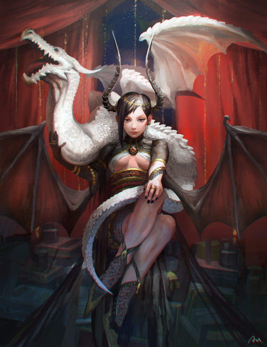 1girl akagi_shunsuke_(und) animal_on_shoulder bangs bat_wings black_gloves black_hair black_nails black_wings book_stack breasts brooch candle coin_(ornament) crossed_legs curtains dragon earrings fire gloves hair_ornament hand_on_own_knee highres horns jewelry lace_legwear licking_lips looking_at_viewer nail_polish obi original red_eyes red_lips ring sash see-through short_sleeves single_earring single_glove sitting socks solo swept_bangs tattoo tongue tongue_out transparent_wings under_boob wings