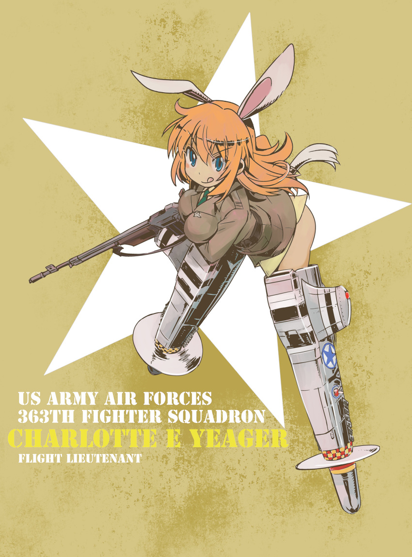 1girl :q animal_ears blue_eyes bunny_tail charlotte_e_yeager gun highres long_hair looking_at_viewer military military_uniform muramasa_mikado necktie no_pants orange_hair rabbit_ears solo star strike_witches striker_unit tail tongue tongue_out uniform weapon weapon_request