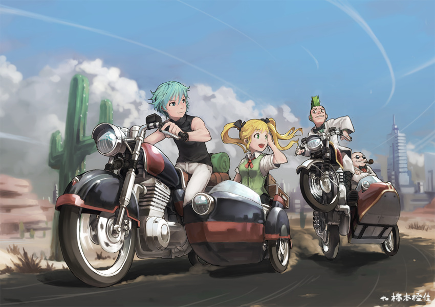 1girl 3boys blonde_hair blue_hair building cactus city facial_hair green_eyes green_hair mohawk motor_vehicle motorcycle multiple_boys mustache segamark sidecar smoking_pipe tuxedo twintails vehicle