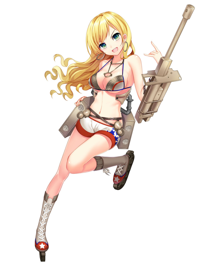 1girl armor bikini_armor bison_cangshu blonde_hair breasts cannon cleavage earrings full_body green_eyes highres jewelry long_hair navel official_art open_mouth panzer_waltz roller_skates skates