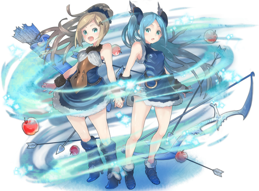2girls apple arrow bare_shoulders blonde_hair blue_eyes blue_hair bow_(weapon) breasts food fruit fur_trim hair_ornament hairclip hogi idunn_&amp;_idunna long_hair multiple_girls open_mouth ponytail puzzle_&amp;_dragons quiver twintails weapon