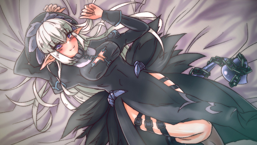 1girl arm_behind_head blush breasts chain cleavage_cutout dark_priest lying monster_girl monster_girl_encyclopedia nun pointy_ears rocknroll silver_hair smile solo tail thigh_strap violet_eyes