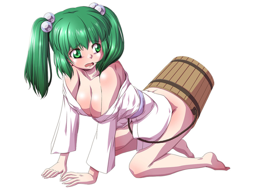 1girl all_fours bottomless breasts bucket chamupei cleavage closed_eyes green_eyes green_hair hair_bobbles hair_ornament in_bucket in_container japanese_clothes kimono kisume large_breasts long_hair older open_mouth textless touhou twintails wooden_bucket yukata